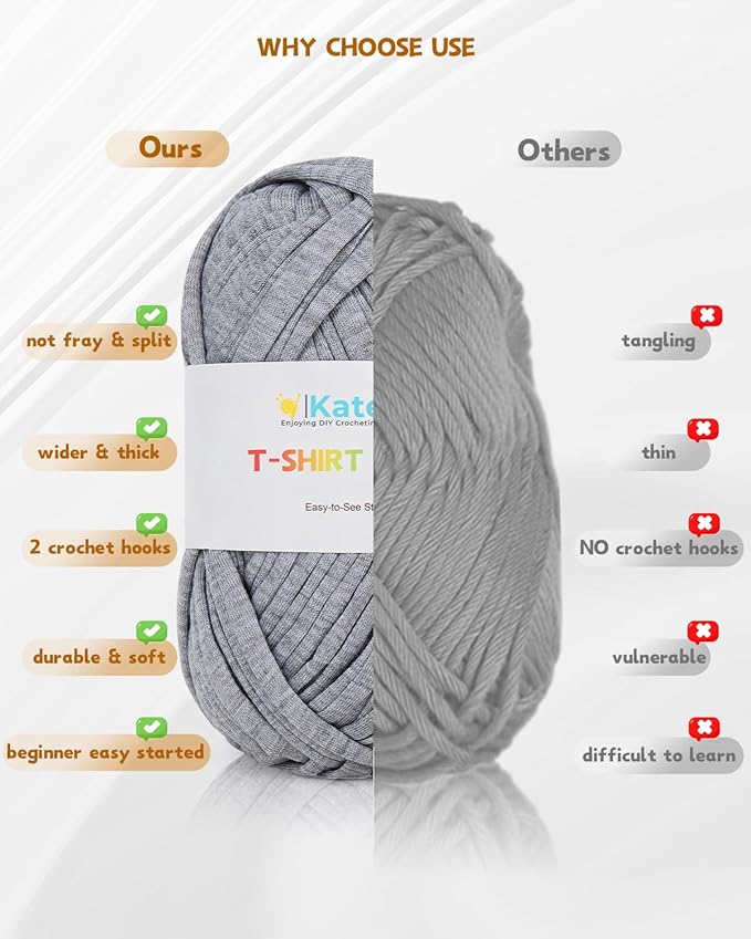 Katech 400g T-Shirt Yarn for Crocheting & Knitting, 130 Yards Elastic Fabric, Spaghetti Yarn for DIY Projects w/ 2pcs Crochet Hooks (Grey)