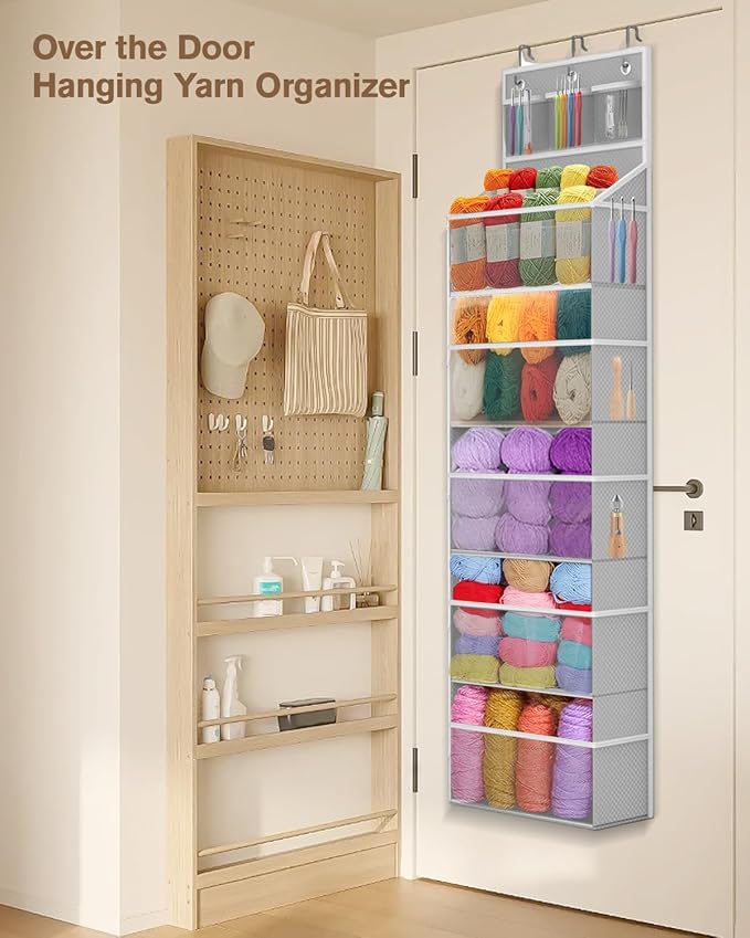 Hanging Yarn Storage Organizer, Large Capacity Knitting Yarn Organizer Storage with 5 Deep Pockets 13 Mesh Bags, Over The Door Yarn Holder for Knitting Needles Crochet Hooks, Grey
