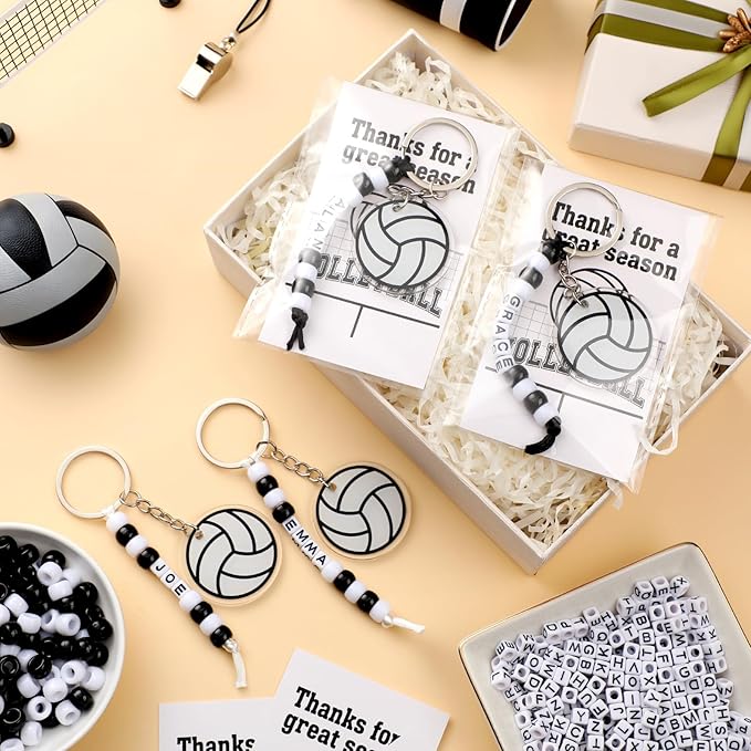 Suncalla 984 Pcs 24 Set Volleyball Keychain Making Kit DIY Volleyball Bag Tag Sport Key Chain Crafts Adjustable Letter Beads Cards Strings Kit Team Gift Backpack Accessories Party Favors(White Black)