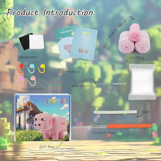 Crochet Kit for Beginners, Pig Crochet Kit for Adults with Step-by-Step Video Tutorials,Learn to Craft Amigurumi Stuffed crochet Animal kit,Knitting Kit for Birthday