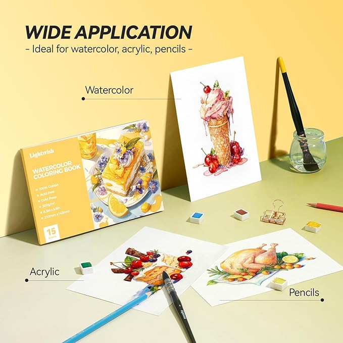 Lightwish Watercolor Coloring Book for Adults & Beginners,100% Cotton 300gsm/140lb Acid-Free Cold Press Paper, 8.3 x 5.6 Inches,15 Sheets,Food-Themed