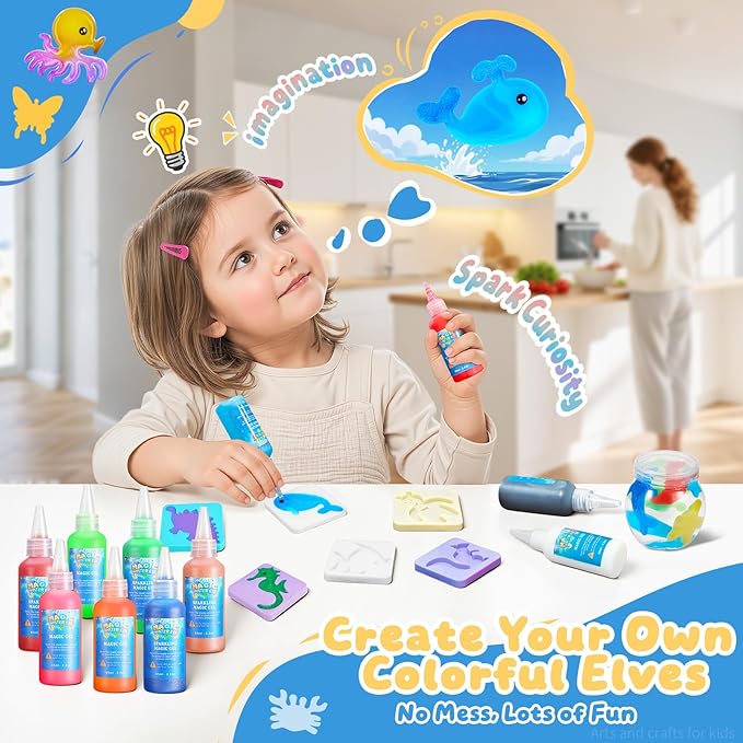 poonoo crafts kits toys - birthday gifts for girls & boys 6-12, 25 molds 20 colors magic water elf toy kit, aqua fairy water gel kit for kids, diy squishy maker, make your own water pets