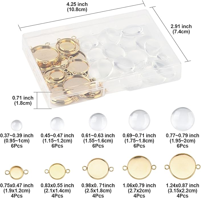 Stainless Steel Blank Dome Links Pendant Tray Connectors with Double Loops for Earrings Bracelets Necklaces Keychains DIY Craft Golden Glass Cabochon Jewelry Making Kit