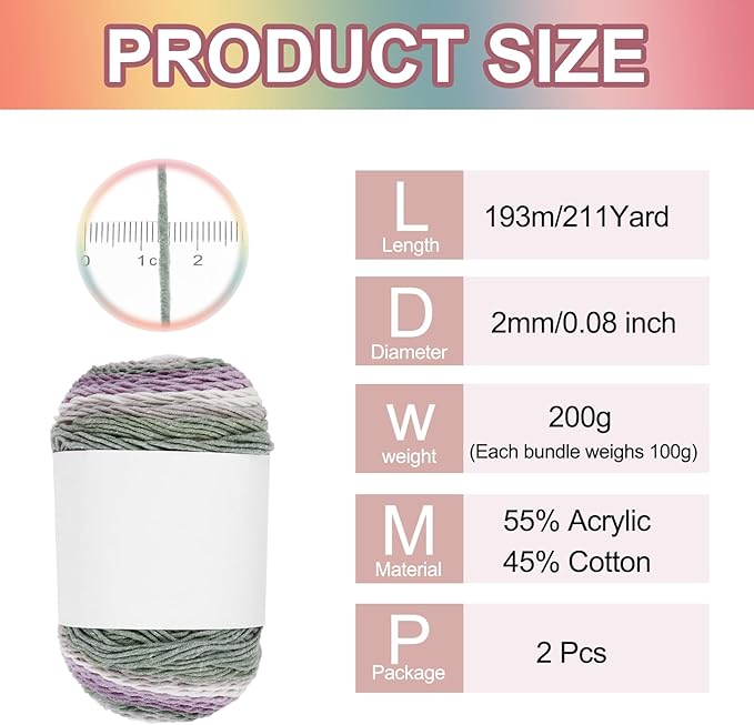 MECCANIXITY Cotton Acrylic Yarn for Crocheting, 422 Yard 5 Ply Soft Gradient Yarn Acrylic 45% Cotton 55% Used for DIY Knitting Blankets Scarves(2 Packx100g,Purple,Grey,Green)