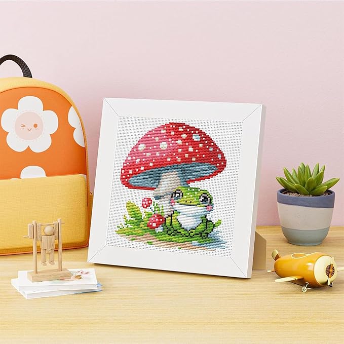 VIGEGU Frog Cross Stitch Kits,Mushroom Stamped Cross Stitch Kits for Beginners Adults with Wooden Framed,Partial 11CT Cross-Stitch Embroidery Kit,Crafts for Girls 8-12 Cross Stitch 7.9x7.9inch