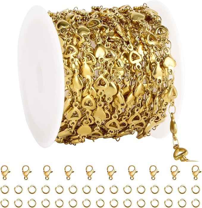 GTVOODX 18k Gold PVD Bulk Chains for Jewelry Making 13 Feet Stainless Steel Cross Flower Link Chain Waterproof Hypoallergenic DIY Permanent Jewelry Making Supplies