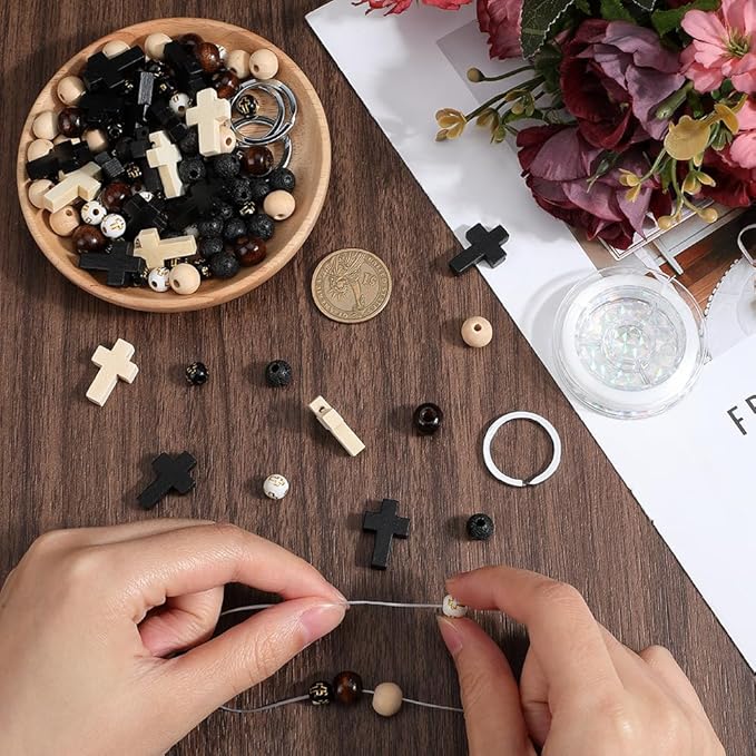 SUNNYCLUE 250Pcs Keychain Making Kits Wooden Cross Charm Wood Cross Bead Black White Natural Lava Rock Beads Mini Crucifix Charm Wood Cross Charms Split Key Ring for Keychains Bracelets DIY Crafts