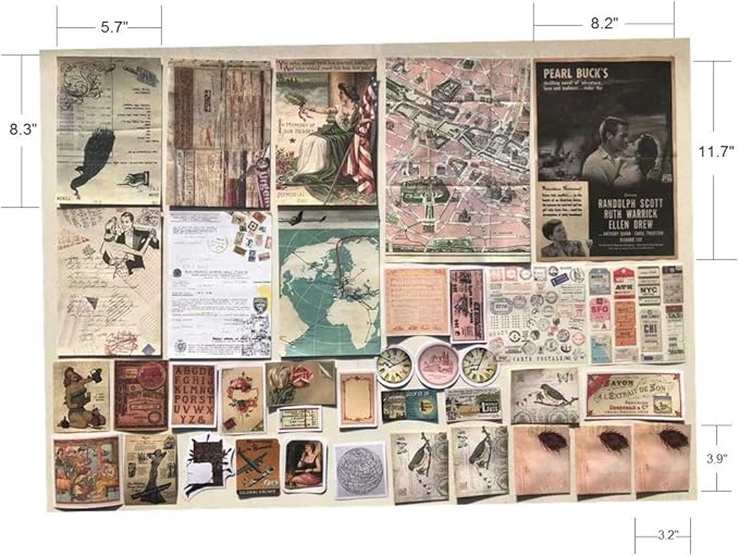 Vintage Aesthetic Memorial Adhesive Handcrafts Washi Sticker Pack, Artsy Antique Paper Decals Supplies for Old-Time Travel Crafts Material Set