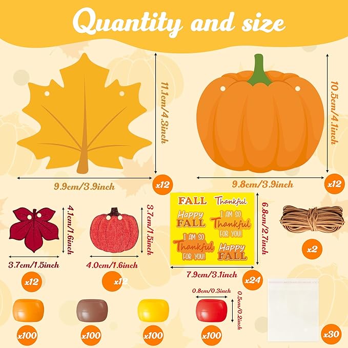 BeYumi Fall Necklace Craft Kit - 24Pcs DIY Thankful Pumpkin Maple Leaves Wooden Pendant Necklace Making with Greeting Card Thanksgiving Gratitude Beads Kit Autumn School Classroom Party Favor