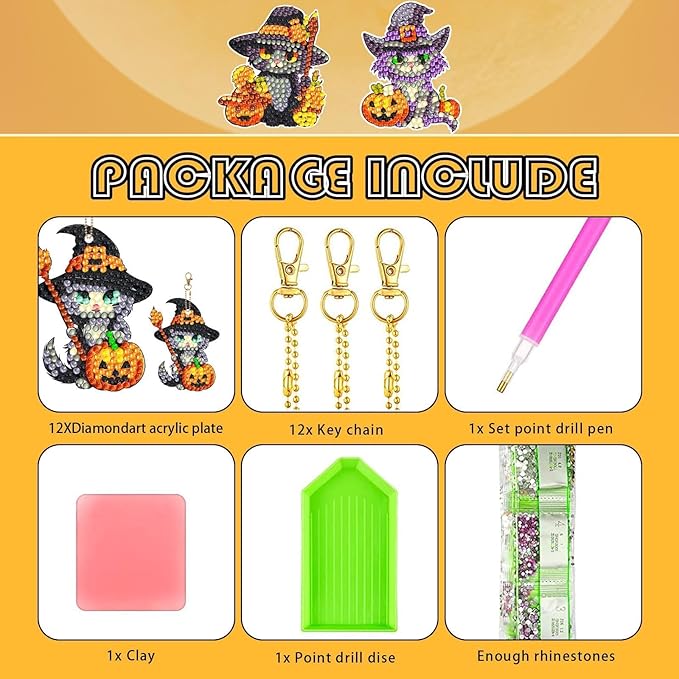 12 Pcs Halloween Cat Diamond Keychains Kit Double Sided DIY Cute Halloween Cat Diamond Keychains for Beginners Adults Art Craft Supplies Holiday Gift