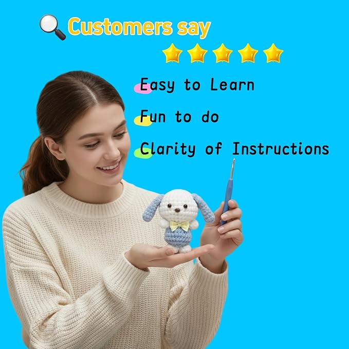 BUNUKY Crochet Kit for Beginners Adults - Complete DIY Amigurumi Puppy Dog Starter Set with Video Tutorial | Easy Learn to Crochet Kit with All Supplies | Craft Gift for Women Teens Girls