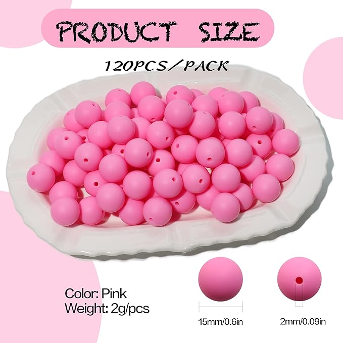 120pcs 15mm Bulk Silicone Beads for Pens, Keychains, Necklaces & Bracelets Making, Assorted Rubber Beads Set (Pink)