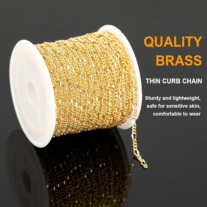 KYUNHOO 32.8FT/10M Brass Curb Link Chain Bulk Light Gold Necklace Chain for Jewelry Making Bracelet Making Supplies with Jewelry Clasps for Women DIY