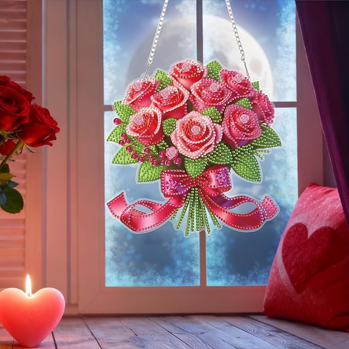 Bowetile Valentine's Day Diamond Art Hanging Kits for Adults, Diamond Art Suncatchers Pink Roses, 5D Special Shape Diamond Painting Flowers Pendant Window Ornament Gifts for Home Door Wall Decor