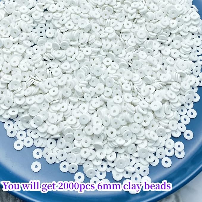 2000pcs Heishi Vinyl Beads Flat Round Polymer Clay Spacer Beads for Making Bracelet Necklace Earring Accessories DIY Handmade Craft(White, 6mm)