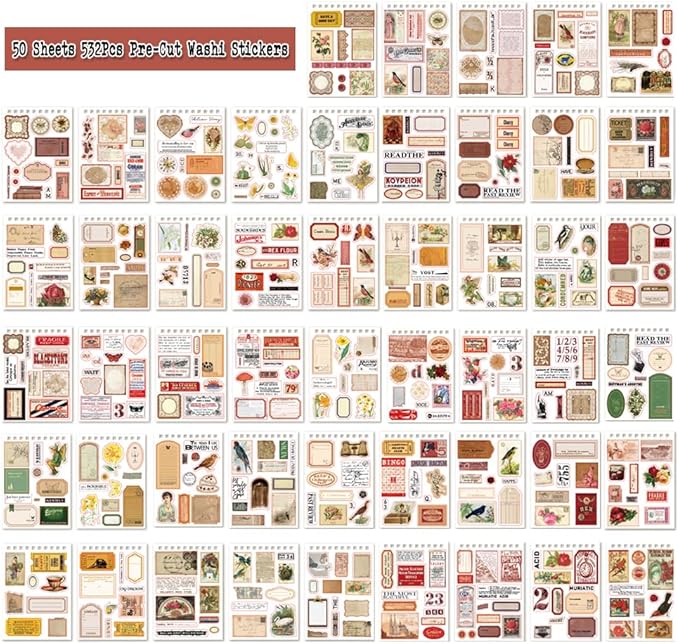 532PCS Vintage Stickers for Scrapbooking, 50 Sheets Precut Washi Stickers Book for Journaling, Scrap Book Ephemera for Junk Journal Supplies, Scrapbooking, Bujo, Collage, Crafts Arts