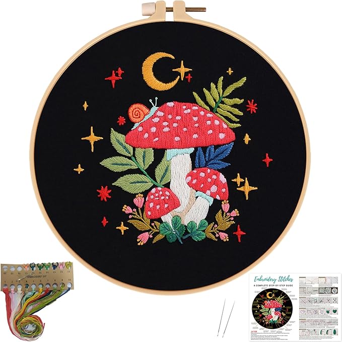 Nuberlic Mushroom Embroidery Kits for Beginner Adults Cross Stitch Kit with Stamped Pattern Include Cloth Hoops Threads Needles