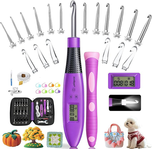 Counting Crochet Hook Set with Light & Counter -18 Size Light up Crochet Hooks - Ergonomic for Arthritic Hands, Digital Stitch & Row Counter - Interchangeable Hooks Kit - Perfect Gift