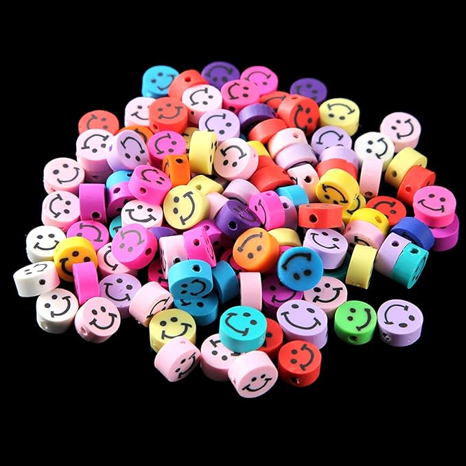 200PCS Colorful Smiley Face Beads 10mm Round Happy Face Polymer Clay Beads for Jewelry Making
