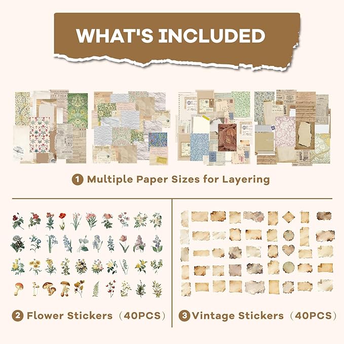 Gemmapylor 440PCS Vintage Scrapbook Paper,Junk Journal Ephemera Kit with 360 Decorative Papers & 80 Vintage Stickers, Aesthetic Journaling Supplies for Scrapbooking, Planner, DIY Crafts