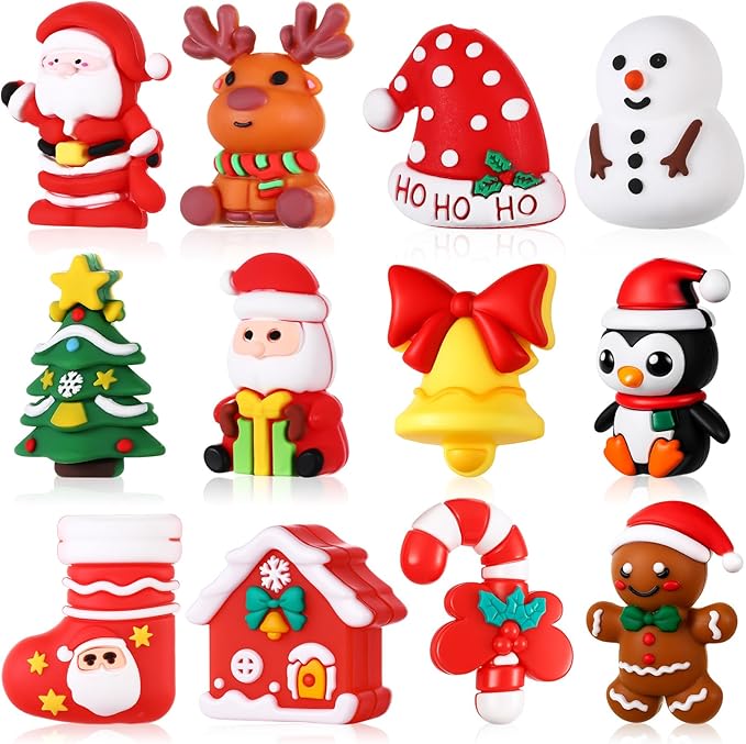 12 Pcs Christmas 3D Silicone Focal Beads for Pens Xmas Character Beads Bulk Funny Snowman Tree Gingerbread Santa Claus for Keychain DIY Crafts Necklace Bracelet Lanyards Making Kit Supplies