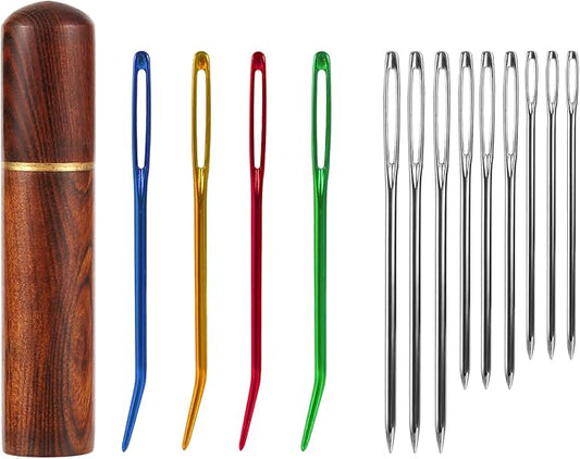 13pcs Large Eye Sewing Needles Kit, Stainless Steel Large-Eye Blunt Needles & Bent Tapestry Needles Sharp Hand Knitting Needles with Wooden Needle Case for Crochet/Darning/Yarn/Embroidery Projects