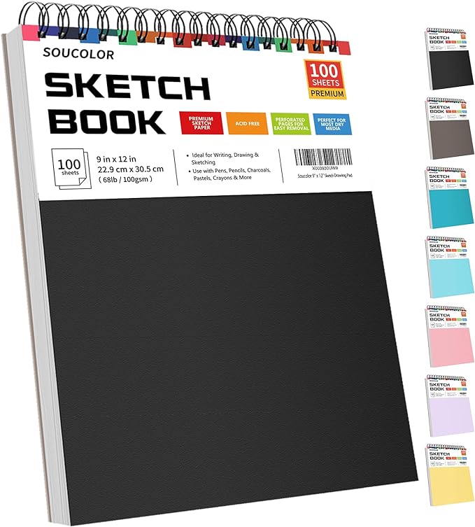 soucolor 9" x 12" sketch book, 100 sheets top spiral bound sketchbook with acid-free 68lb/100gsm drawing paper, art sketch pad for kids, adults & artist, professional art supplies for beginners