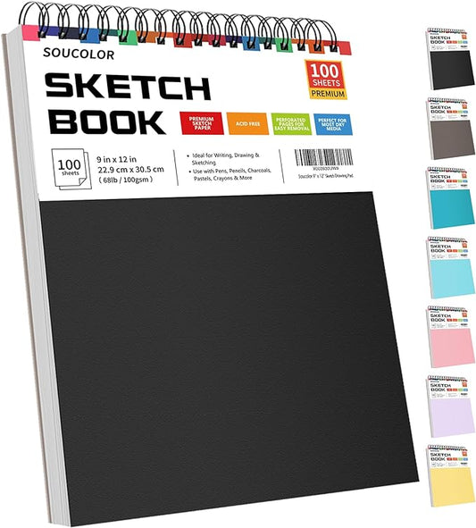 soucolor 9" x 12" sketch book, 100 sheets top spiral bound sketchbook with acid-free 68lb/100gsm drawing paper, art sketch pad for kids, adults & artist, professional art supplies for beginners