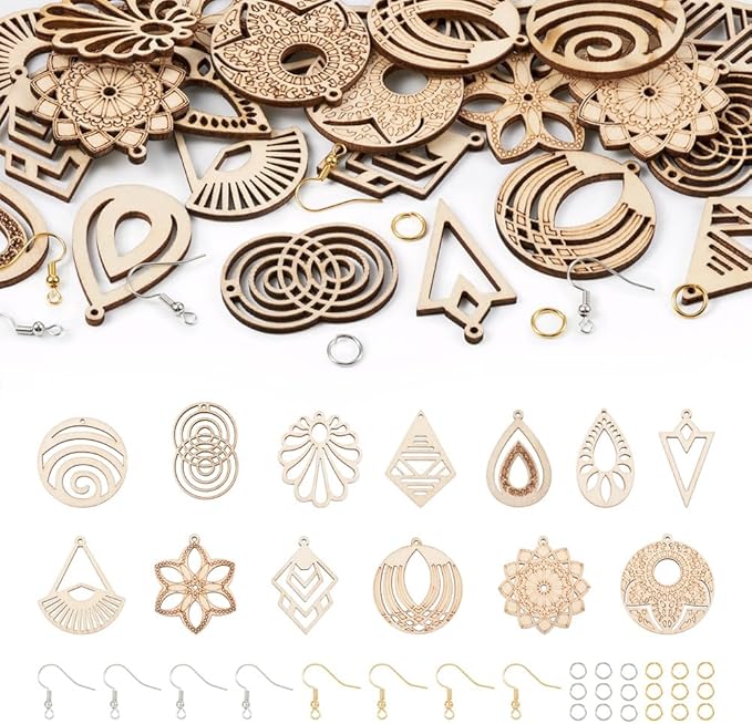 26pcs Wooden Earring Charms Unfinished Natural Wood Filigree Pendants in Teardrop & Kite & Flower & Rhombus & Triangle Shape with Earring Hooks & Jump Rings for Boho Earring DIY Jewelry Making