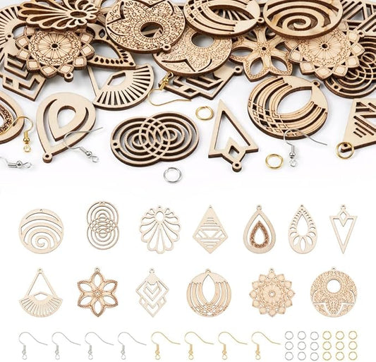 26pcs Wooden Earring Charms Unfinished Natural Wood Filigree Pendants in Teardrop & Kite & Flower & Rhombus & Triangle Shape with Earring Hooks & Jump Rings for Boho Earring DIY Jewelry Making