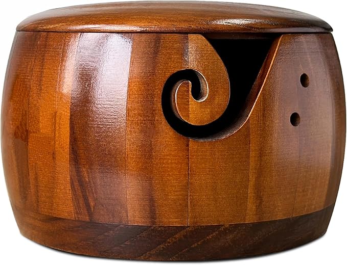 yarn bowl knitting 7x5.1in large wood knitting bowl with lid for yarn skeins round wooden bowl with carved holes crochet hook rests