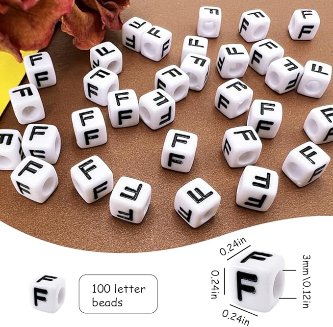 MIIIM 100pcs Pony Beads Letter F for Keychains Making, 6x6mm Large Hole Square Letter Beads for Bracelets Making, Alphabets, Numbers (White and Black)