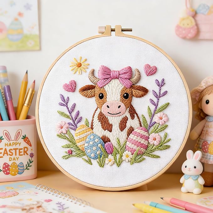 BBLYBD Easter Embroidery Kit, 4 Set Cross Stitch Craft Kits for Beginners with Pre-Printed Embroidery Fabric, Hoops, Step-by-Step Instructions, Color Threads & Needles (Easter)