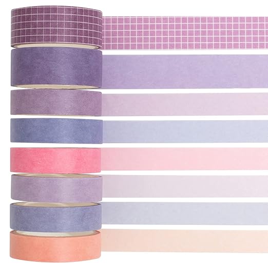 YUBBAEX 8 Rolls Basic Washi Tape Set Solid Color Grid Masking Decorative Tapes for Arts, DIY Crafts, Journals, Planners, Scrapbooking, Wrapping (Violet)