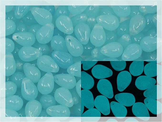 Czech 50-Piece Glass Beads, 6x9mm, Teardrop Dirty Turqiuiose - Glow in The Dark Bright Blue + UV Active