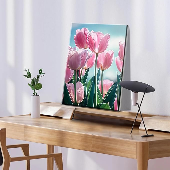 ATDMS Paint by Numbers Kit for Adults with Frame DIY Flowers Paint by Number with Easel Tulips Acrylic Oil Painting Kits for Wall Hanging Home Room Decor 7.87x11.81 Inch