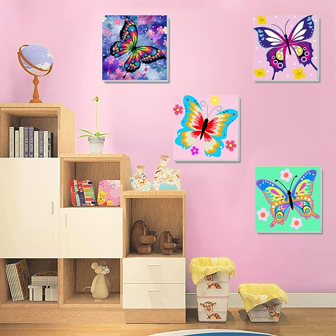 4 Pack Butterfly Paint by Number for Kids with Wooden Frame, Paint by Numbers for Kids Butterflies Ages 4-8-12, Easy Painting with Numbers DIY Acrylic Oil Painting Kits for Home Wall Decor (8X8 inch)