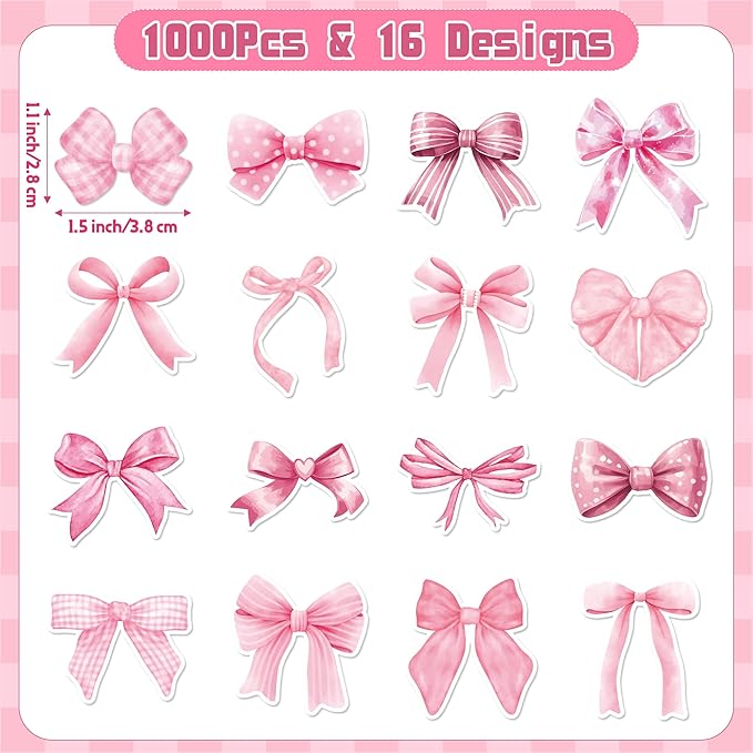 beyumi pink bows sticker roll - 1000pcs coquette pink bows stickers in 2 rolls waterproof vinyl girly aesthetic decal for gift laptop bottle scrapbooking luggage computer envelope decor for kids