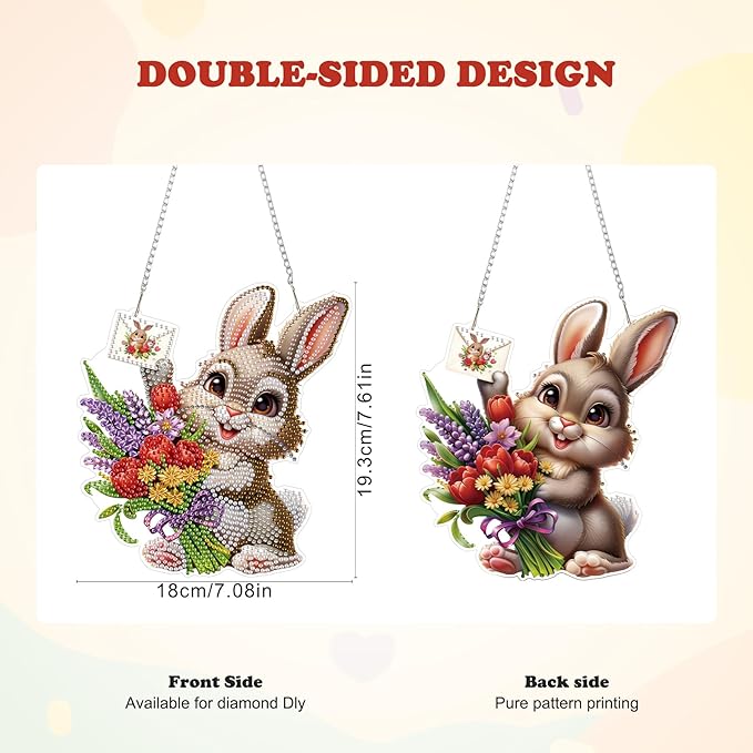 HEIBAGO Easter Bunny Diamond Art Hanging Kits for Adults, Diamond Art Suncatchers Rabbit, 5D Special Shape Diamond Painting Pendant, DIY Window Ornament Gifts for Home Garden Door Wall Decor 8.3x8.3In