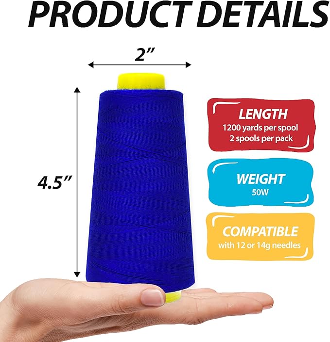 Mandala Crafts Royal Blue Thread Cones for Machine and Hand Quilting - 2400 Yds 50 WT Multiple Purpose Mercerized 100% Cotton Threads for Sewing Machine Serger Embroidery