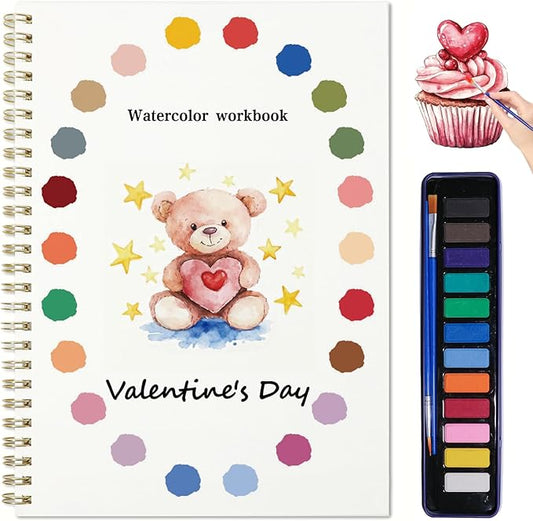 Beginner Watercolor Painting Kit Watercolor Workbook Coloring Book 12 Colors Paint Set with Brush, DIY Valentine's Day Cards Easily Master Beginner Friendly Watercolor Paint Set Valentine's Day Gifts for Adults Teens. (Valentine's Day)