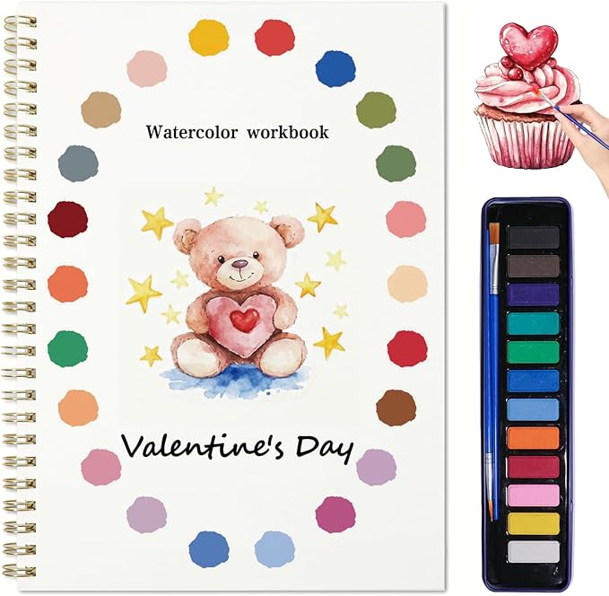 Beginner Watercolor Painting Kit Watercolor Workbook Coloring Book 12 Colors Paint Set with Brush, DIY Valentine's Day Cards Easily Master Beginner Friendly Watercolor Paint Set Valentine's Day Gifts for Adults Teens. (Valentine's Day)