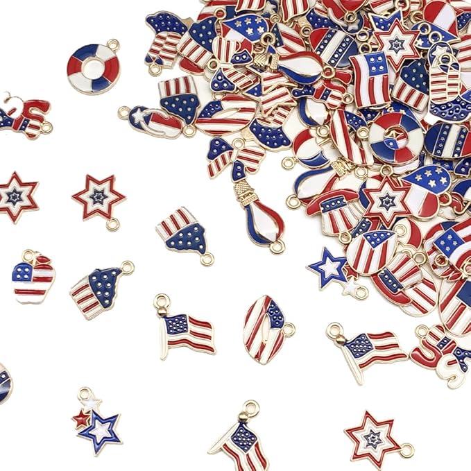 WOCRAFT 120pcs Assorted Enamel Bracelet 4th of July Independence Day American Flag Charms for Jewelry Making Crafts, DIY Necklace Bracelet Keychain Crafting Kit (SN802)