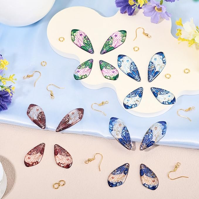 FASHEWELRY 16Pcs Resin Fairy Wing Earring Charms Blue Green Red Butterfly Wing Pendants Flower Print Feather Charms with Jump Rings Earrings Hooks for DIY Earring Jewelry Making