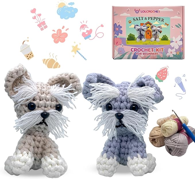 Dog Crochet Kit for Beginners, Learn Crochet Animal Kit, Include Video Tutorial & Manual, Easy Knitting Yarn for Adult, DIY Holiday Birthday Gift Idea(2pack Schnauzer Puppy)
