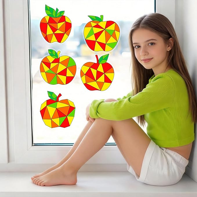 Qyeahkj 30Pcs Thanksgiving Fall Crafts Kits for Autumn Apple Suncatcher Ornaments Coloring Window Clings Color Your Own Fall Arts Crafts DIY Painting Party Gift for Home Decor