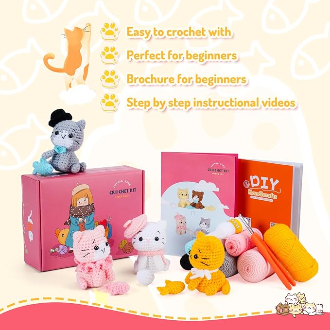 fortuning's jds crochet kit for beginners - cat crochet kit with step-by-step video tutorials, learn to crochet kits for adults, 4 pcs crochet animals cat with hat, toy, fish crocheting set