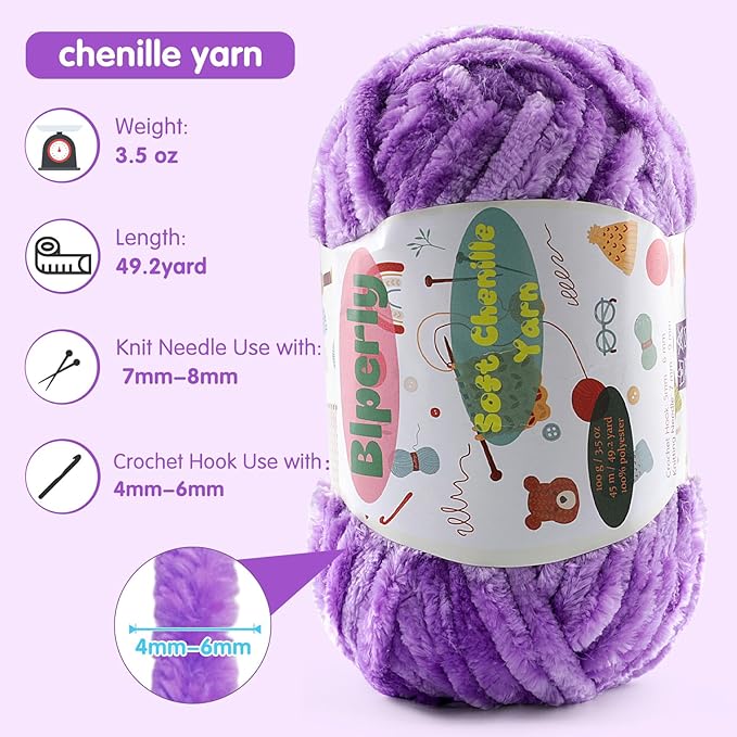 4 * 100g Velvet Chenille Chunky Yarn for Crocheting - 49.2yds per Skein Plush Fluffy Yarn - Easy to Use for Baby Blankets, Knitting Creations & DIY Crafts (4, Lake Blue)