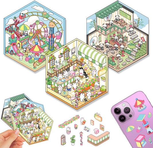 Scrapbooking Supplies Kit,DIY 3D Stickers Scene,3 Set Funny DIY Sticker Scenes,Make Your Own Cute 3D Miniature Room Scene Stickers for Adults Relief Stress Pass The Time.6-7-8