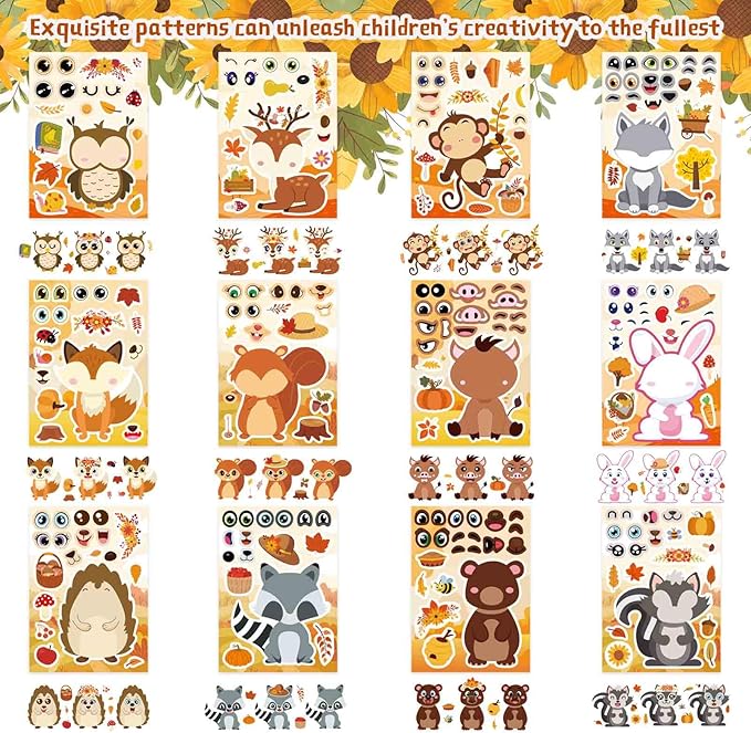 24 sheets fall stickers, make-a-face sticker, fall animal stickers for kids make your own animal mix and match sticker sheets kids party favor supplies craft